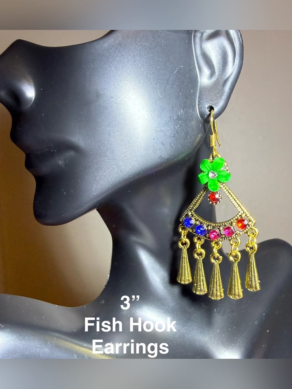 Gold-Tone Green Floral Multi-Color Chandelier Earrings
